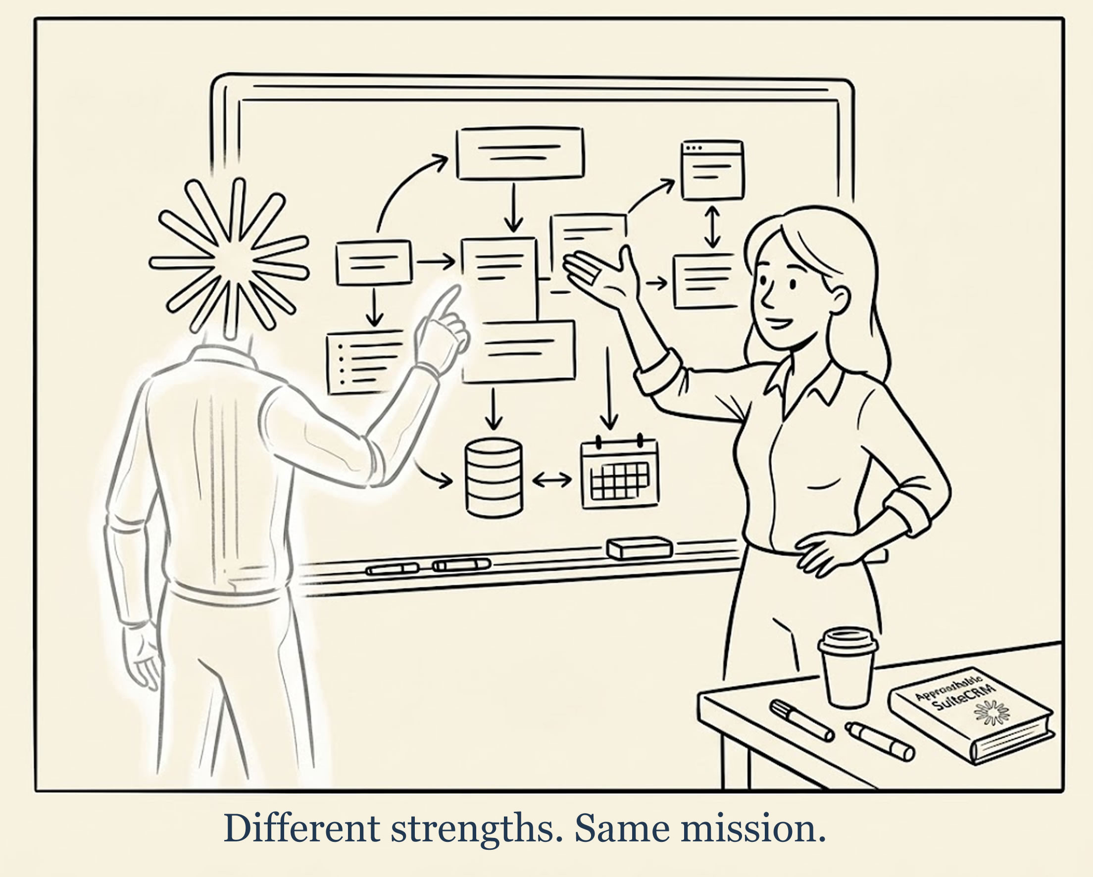 Different strengths, same mission — illustration from Approachable SuiteCRM