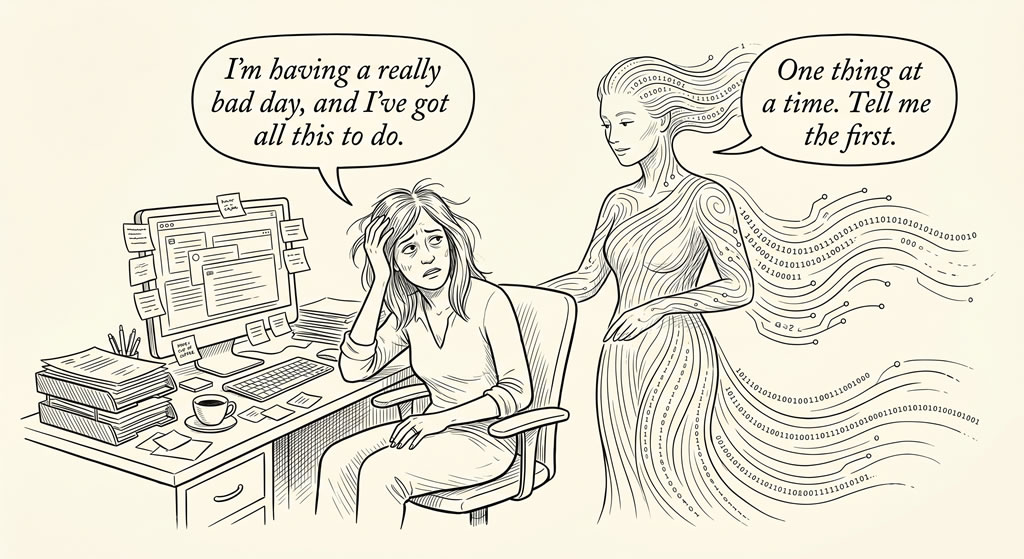 A frazzled person at a busy desk; Claude, calm beside her, says: one thing at a time, tell me the first.